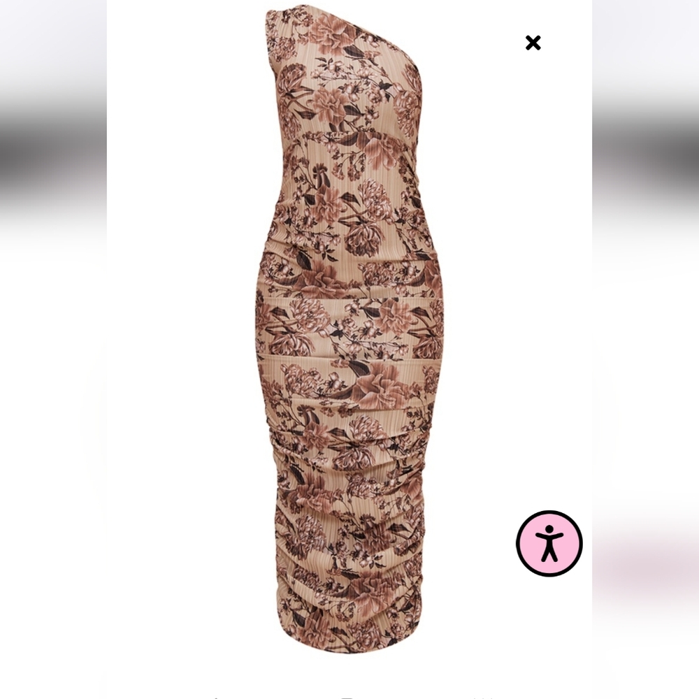 BEIGE Floral Print Plisse One Shoulder Rushed Midaxi Dress